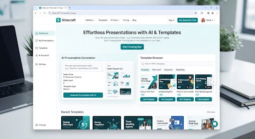 Slidecraft workspace with AI generation tools and presentation templates